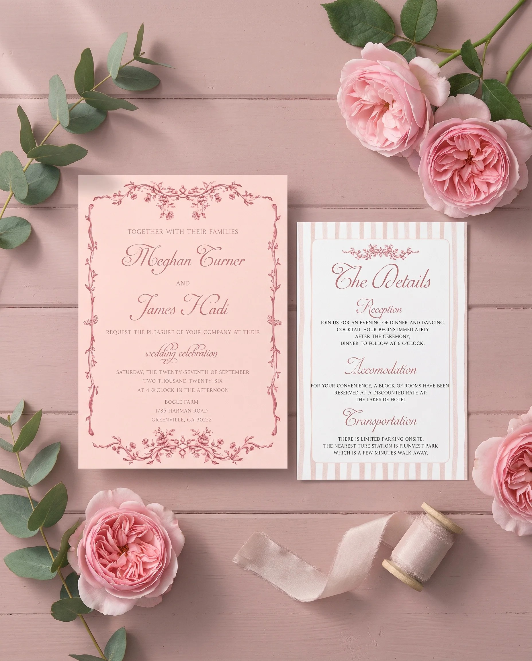 Rosewood Trellis wedding invitation suite — invitation and details card arranged together in a flat lay, wedding details card.