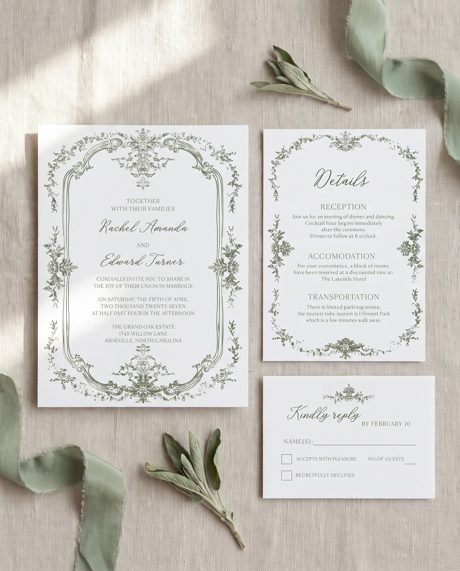 Sage Crest wedding invitation set — Invitation, details card and RSVP card shown in a flat lay, printable wedding invitations