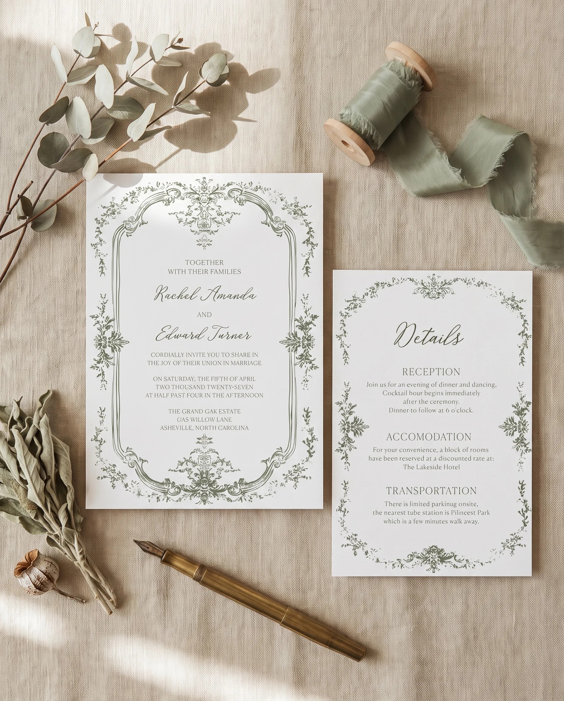 Sage Crest wedding invitation suite — invitation and details card arranged in a flat lay under soft natural light, wedding details card.