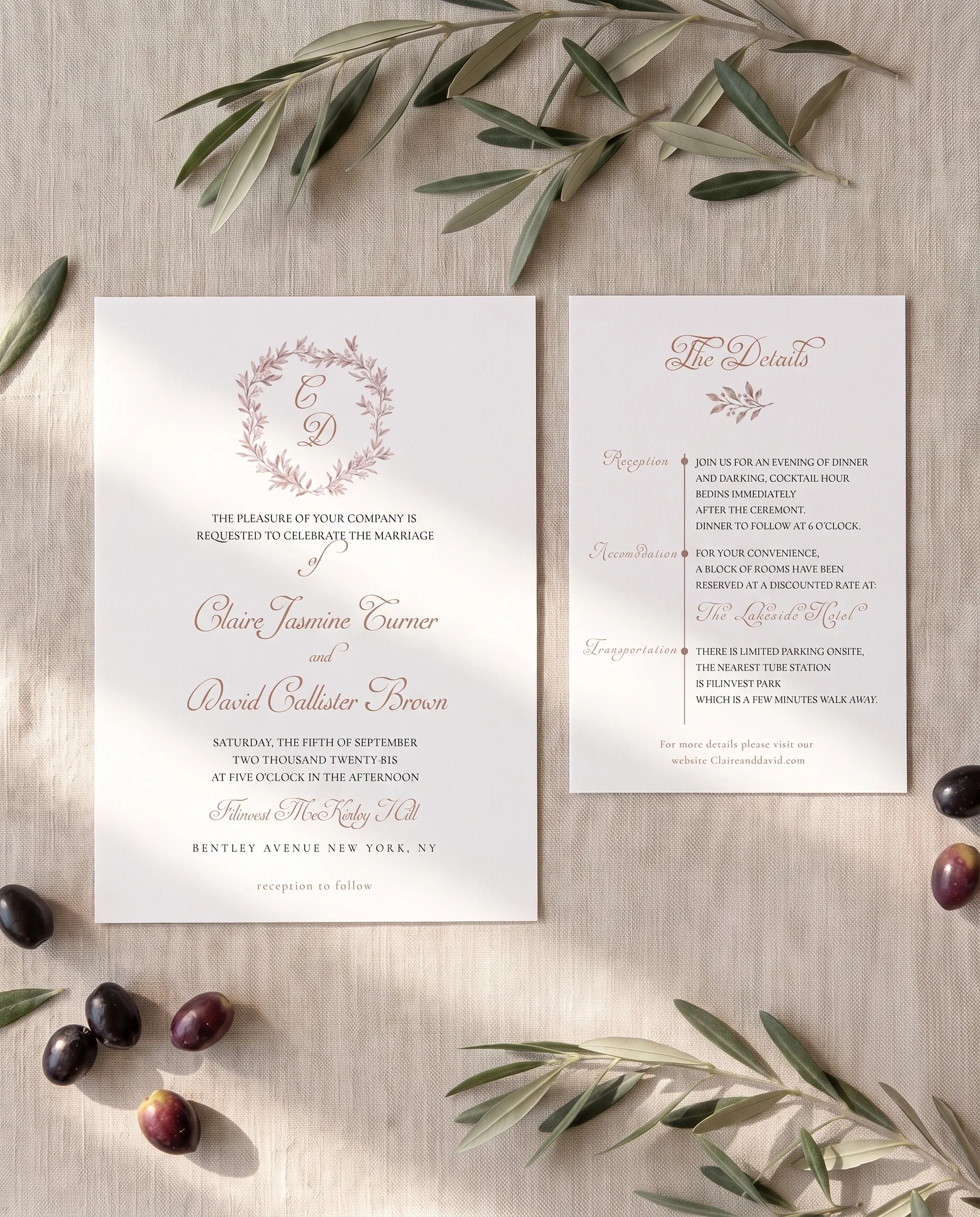Sepia Sprig wedding invitation suite — invitation and details card shown in a flat lay under soft natural light, wedding details card.