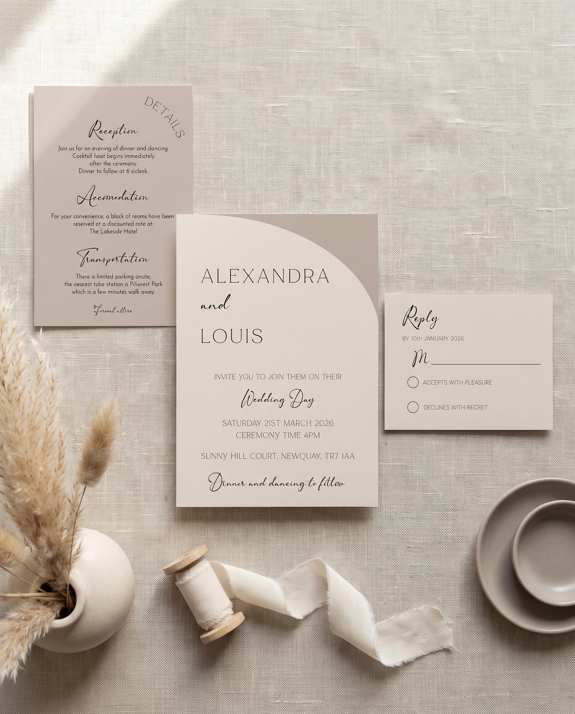 Tassel Arc wedding invitation set — Invitation, details card and RSVP card shown in a flat lay, printable wedding invitations