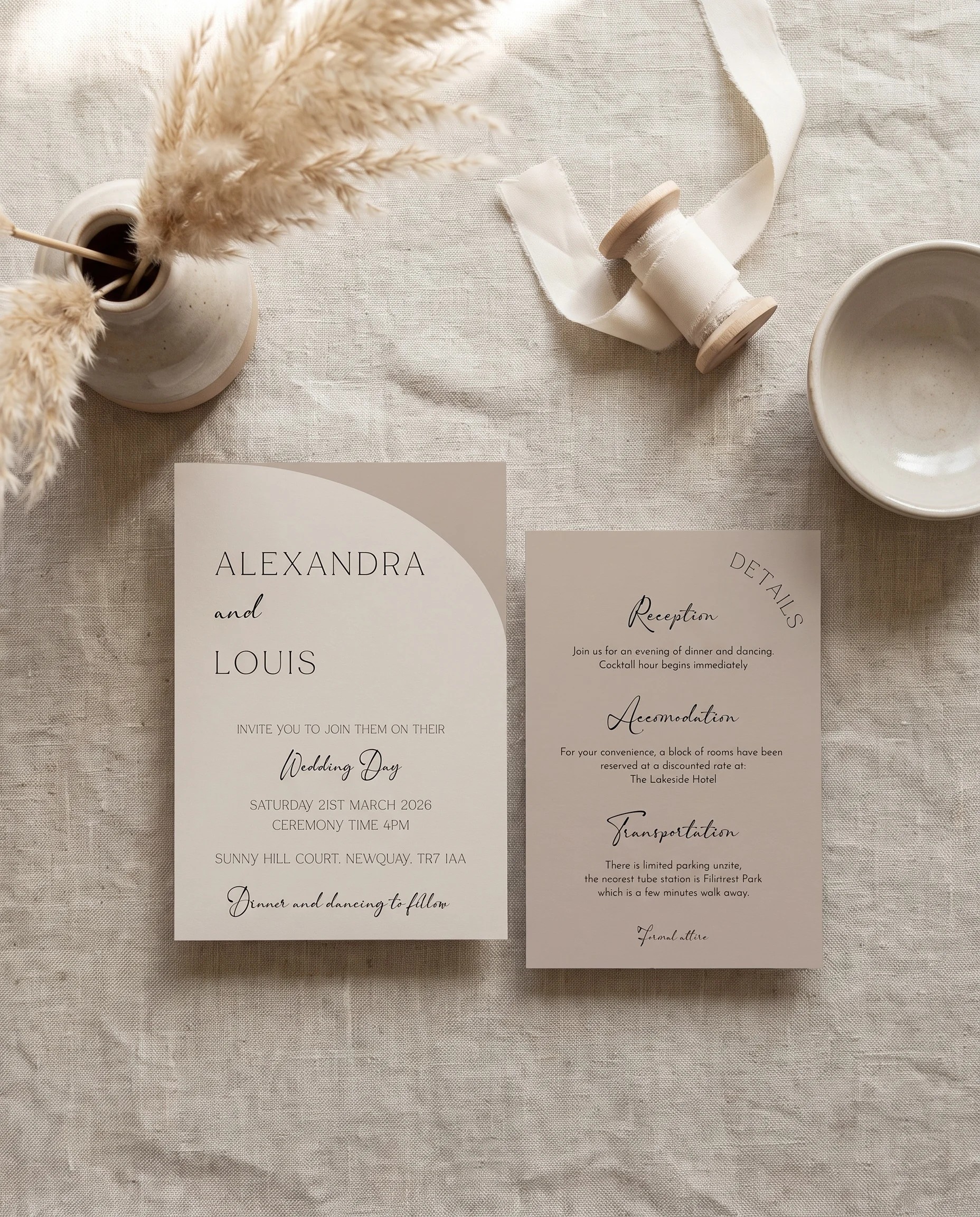 Tassel Arc wedding invitation suite — invitation and details card shown in a flat lay on premium editorial paper under soft natural light, wedding details card.