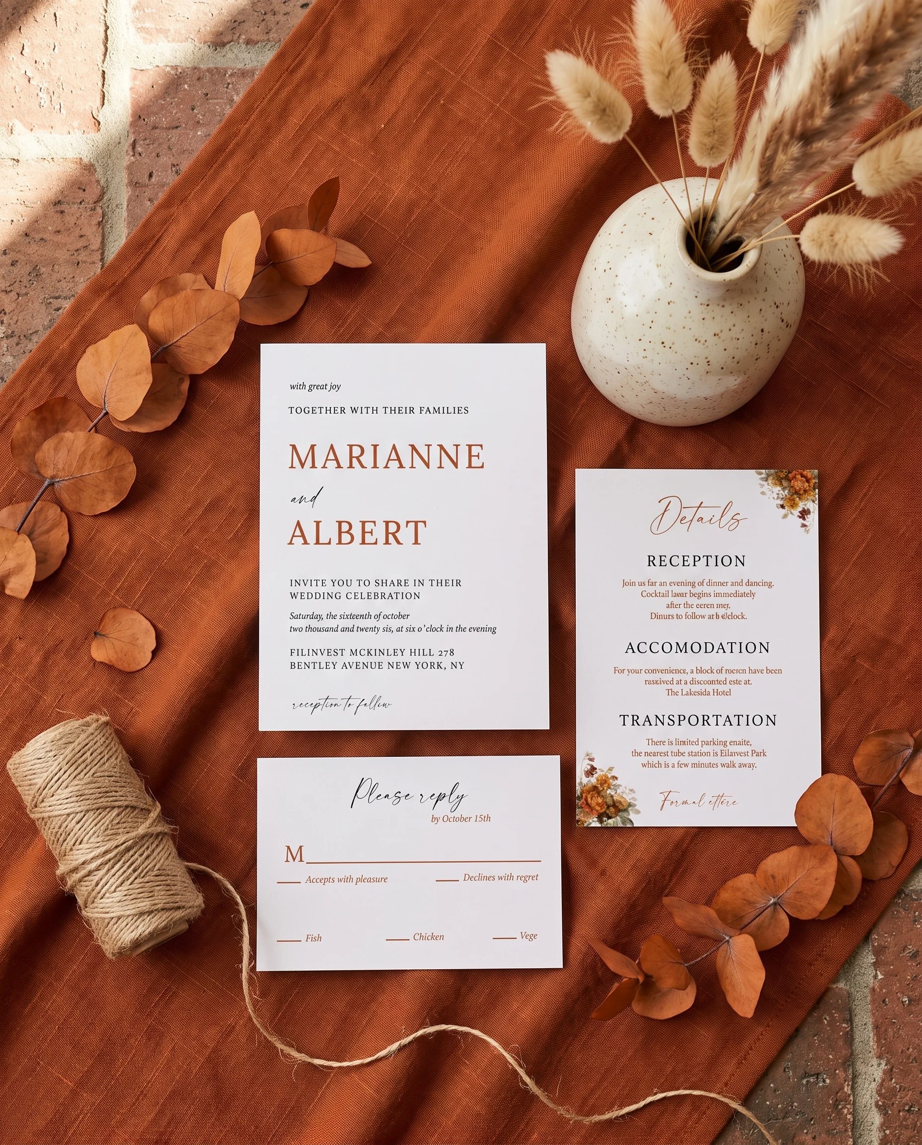 Terracotta Crown wedding invitation set — Invitation, details card and RSVP card shown in a flat lay, printable wedding invitations