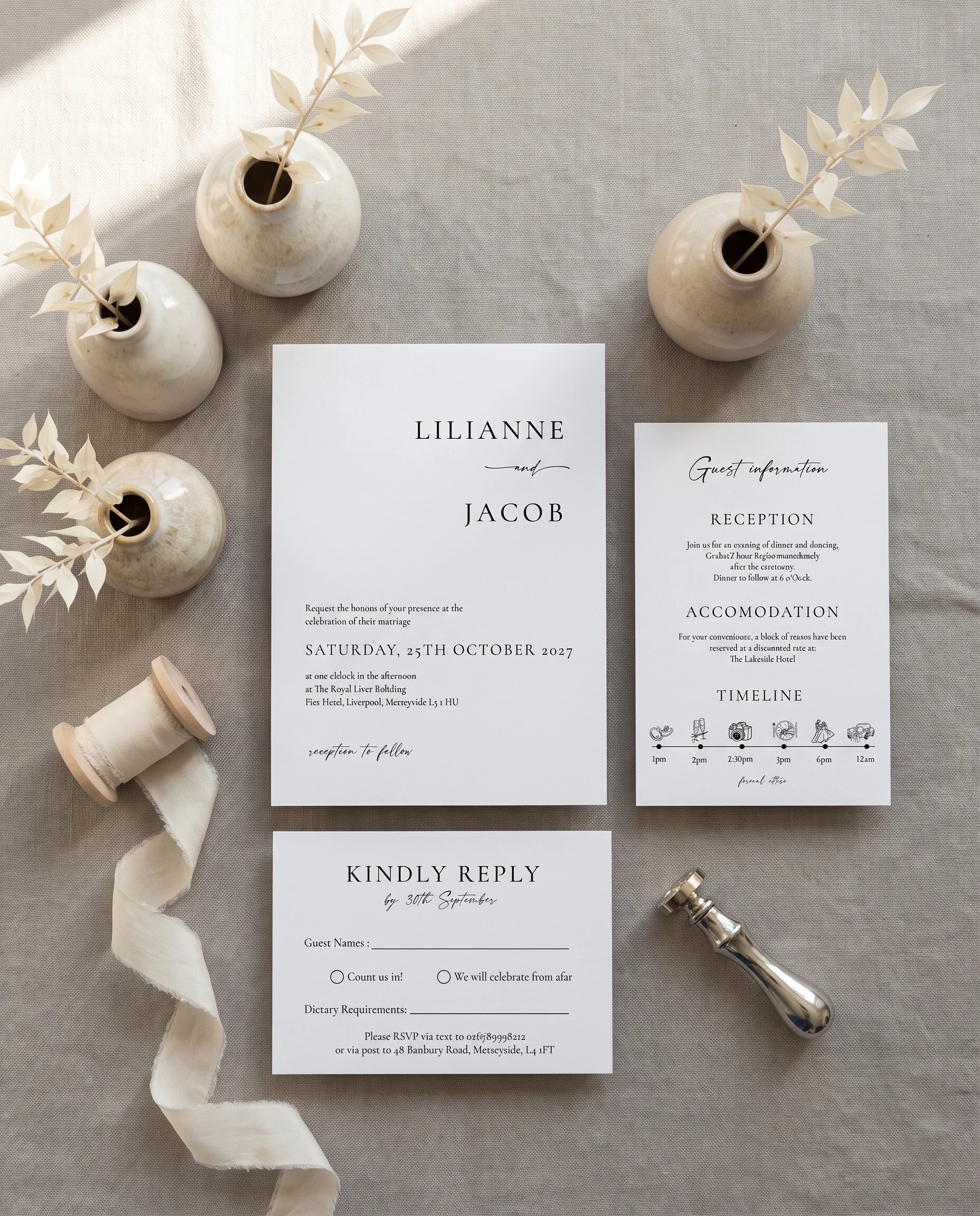Tonal Reply wedding invitation set — invitation, details card, and RSVP card, printable wedding templates