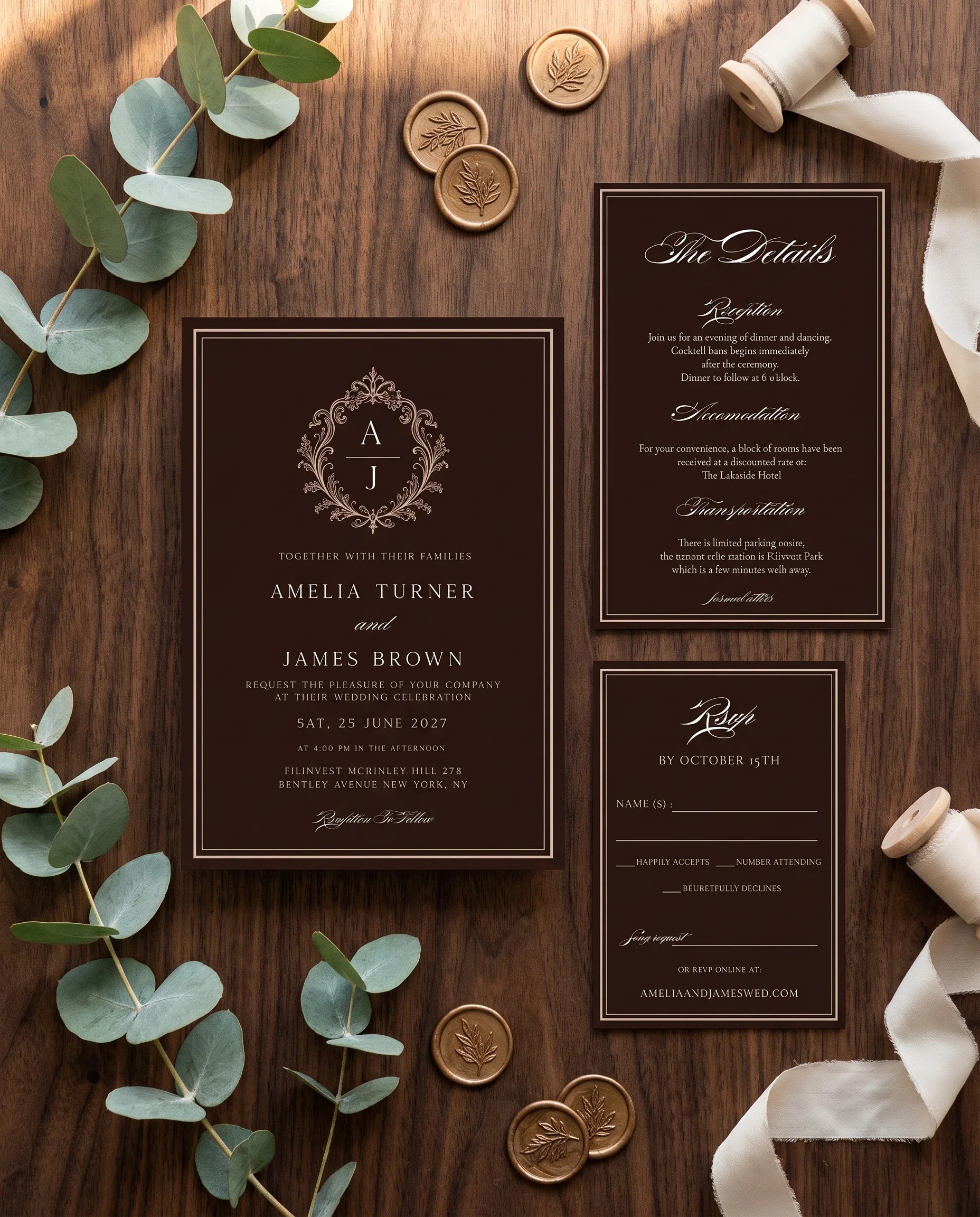 Velour wedding invitation set — Invitation, details card and RSVP card shown in a flat lay, printable wedding invitations
