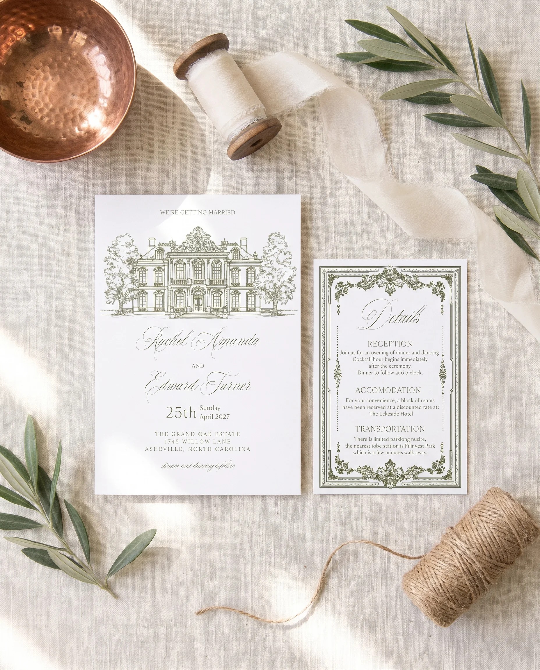 Verdant Filigree wedding invitation suite — invitation and details card shown in a flat lay under soft natural light, wedding details card.