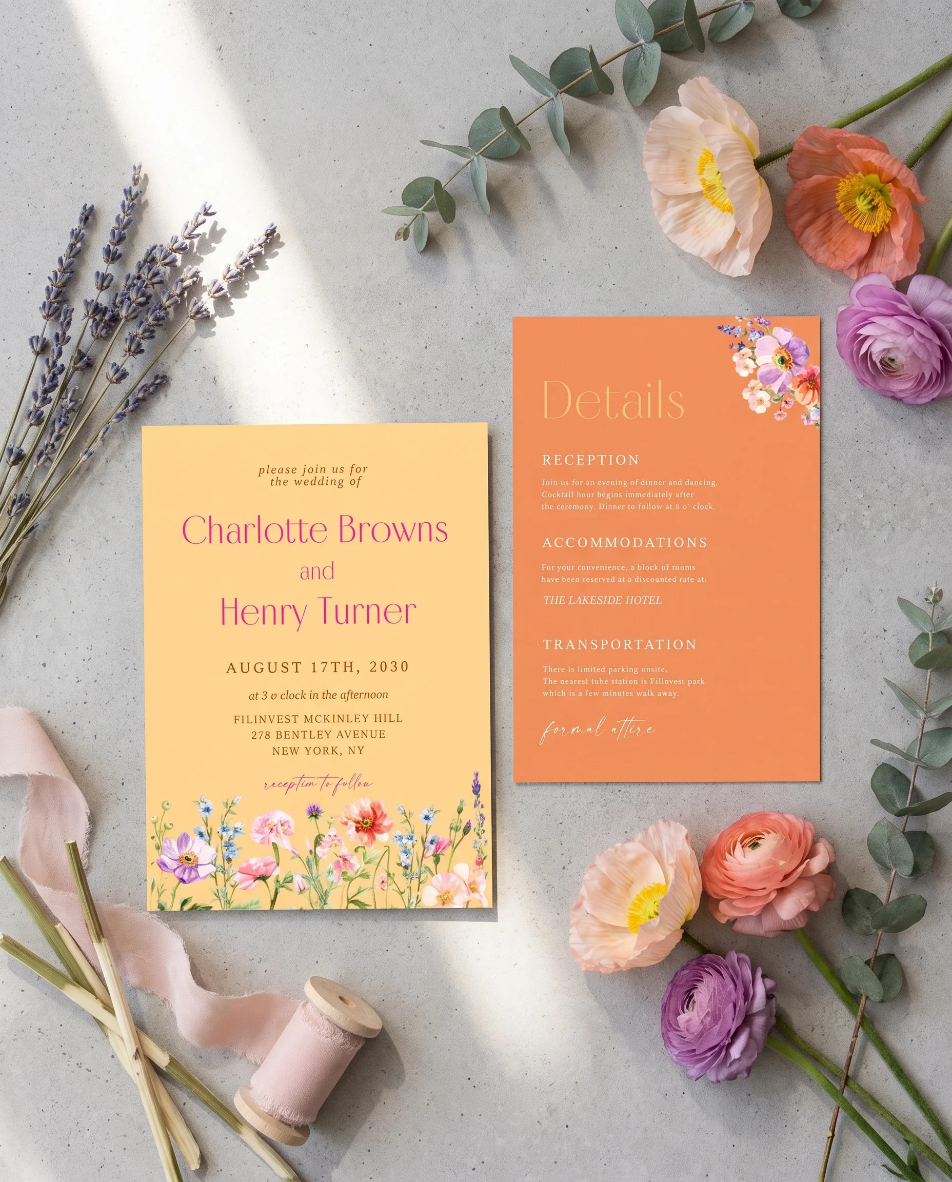 Wildmeadow Bouquet wedding invitation suite — invitation and details card arranged together on premium paper in soft natural light, wedding details card.
