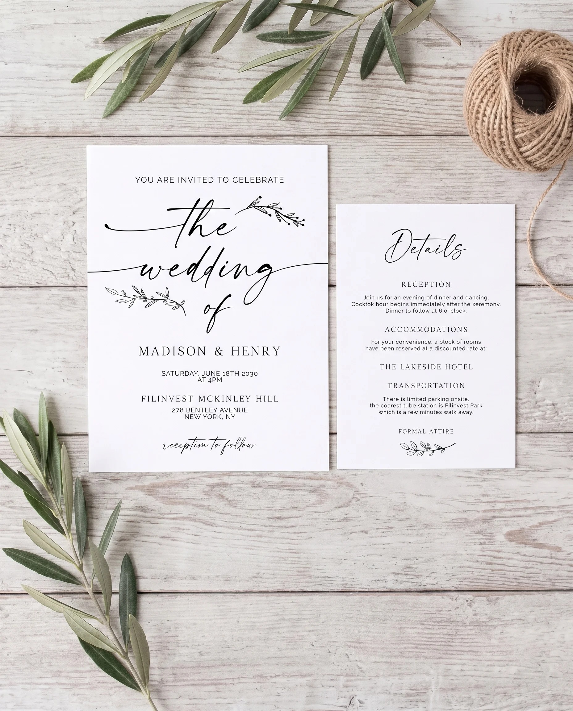 Willow Script wedding invitation suite — invitation and details card arranged in a flat lay under soft natural light, wedding details card.